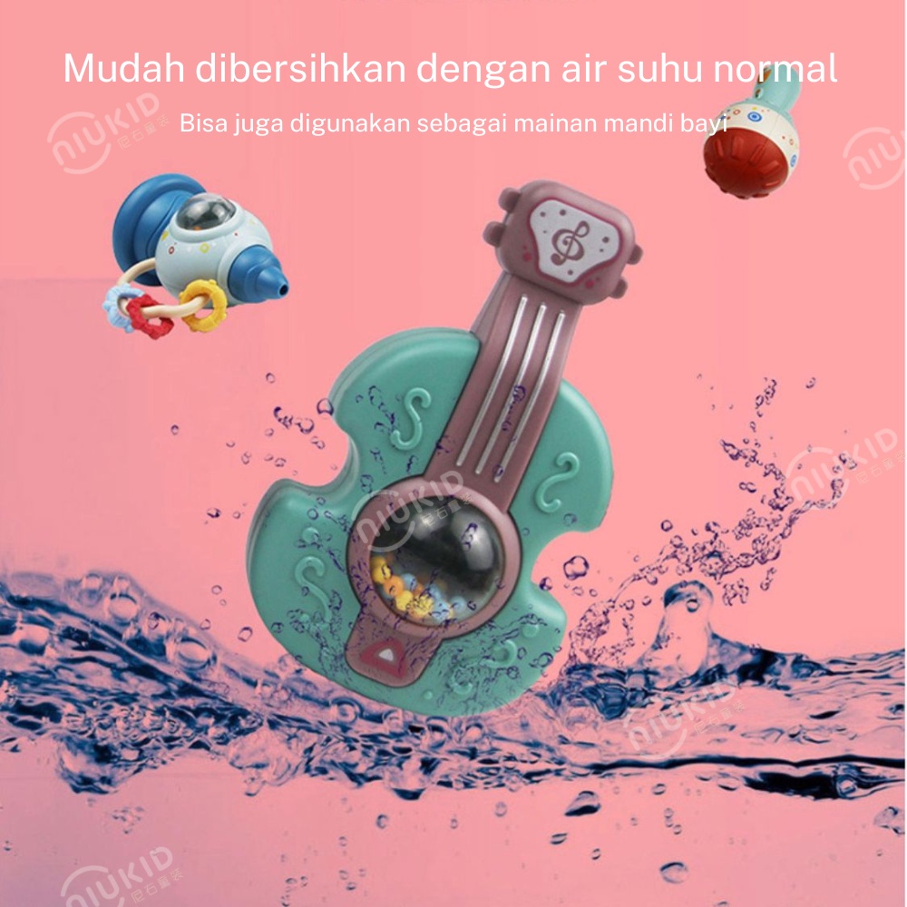 NIUKID MAINAN RATTLE TEETHER BENTUK GITAR KARTUN UNTUK EDUKASI DINI BAYI NEWBORN