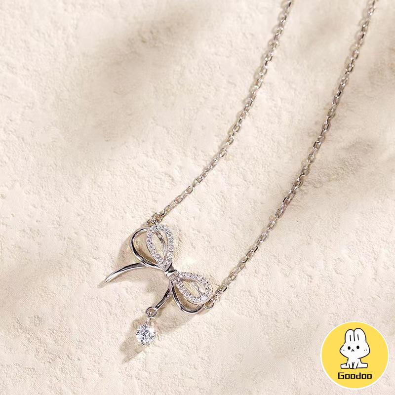 Tiga Dimensi Double-layer Kalung Busur Wanita Cahaya Mewah Niche Water Drop Rantai Tulang Selangka -Doo