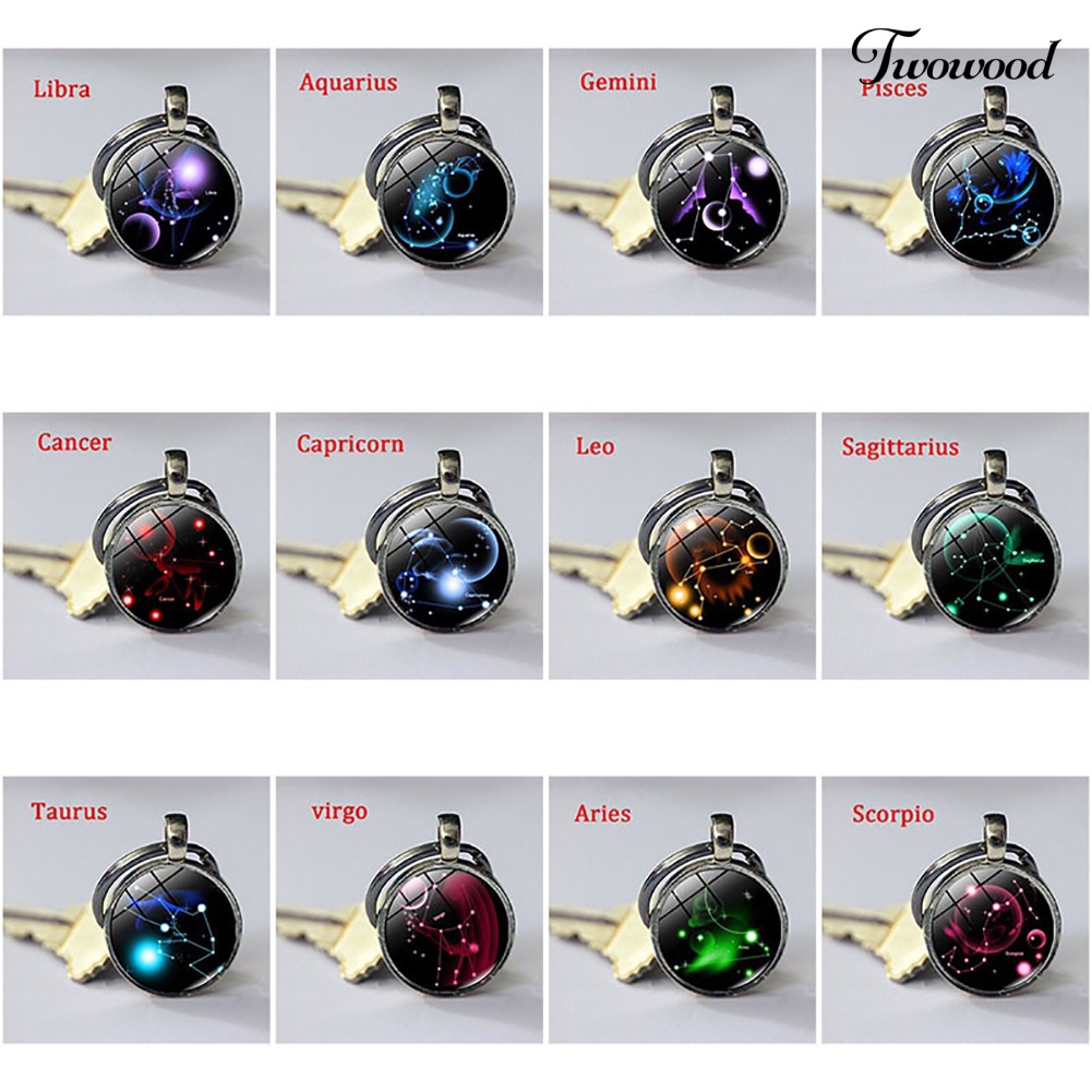 Twowood Gantungan Kunci Dengan Liontin Kaca Bulat Motif 12 Zodiak