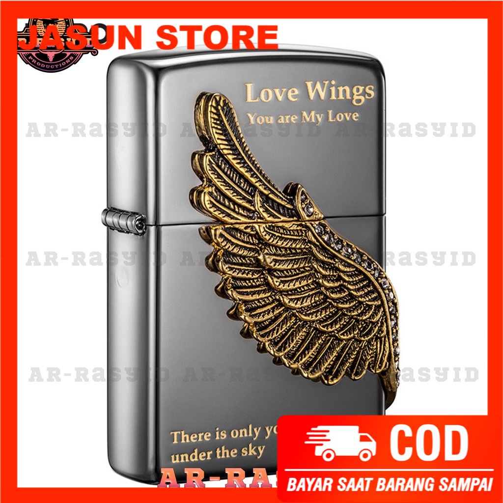 Bisa COD! Korek Api Minyak Zippo Hitam Black Ice Motif Love Wings ZBT-1-16A