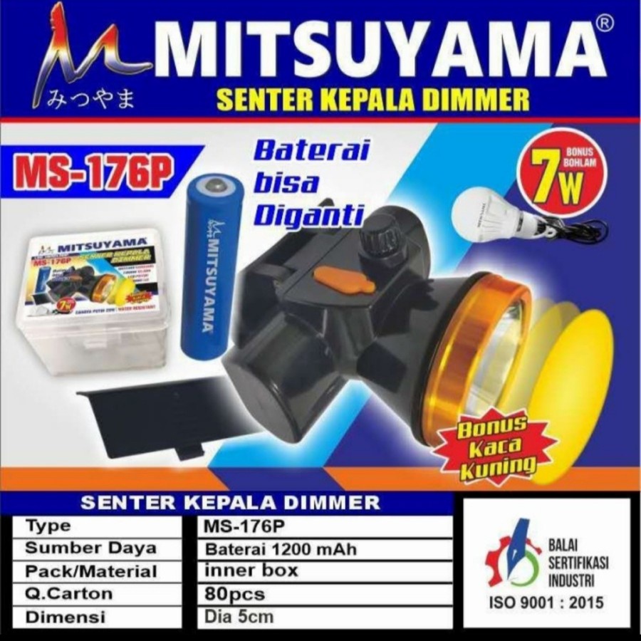 COD Senter Kepala Mitsuyama 20 Watt MS-176P Dimmer Baterai Lithium 18650 Bonus Bohlam 7W