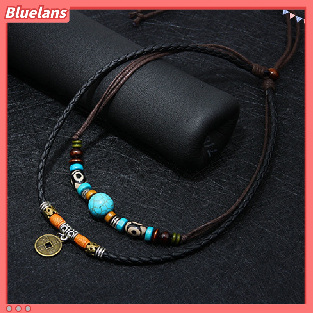 Kalung Choker Multilayer Dengan Liontin Koin Manik-Manik Turquoise Imitasi Untuk Pria