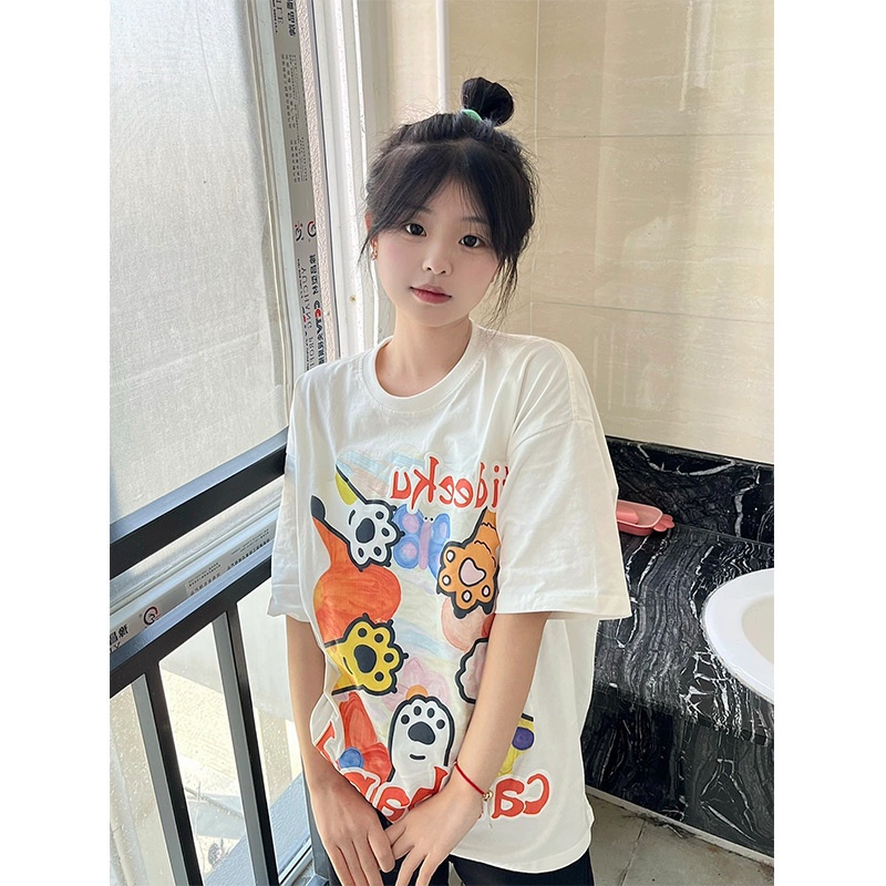 EUNII T-shirt Lengan Pendek imut cakar kucing Pencetakan Longgar Korean Style/Kaos Atasan Wanita/Baju Kaus Oversize Wanita