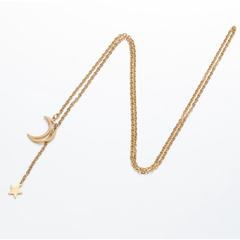Kalung Rantai Klavikula Hias Liontin Bulan Bintang Geometris Gaya Korea Untuk Wanita