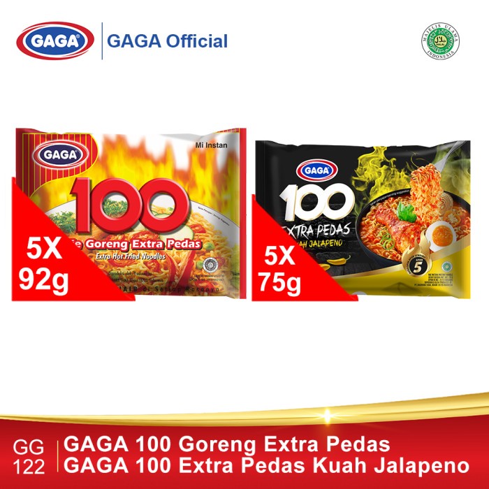 

TERLARIS GAGA 100 Goreng Extra Pedas 5pcs, GAGA 100 Kuah Jalapeno 5pcs (GG122)