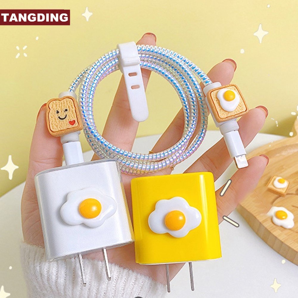 【COD Tangding】Case Pelindung Kabel Data Charger 20w Desain Kartun Roti Panggang Telur Kreatif Untuk Apple