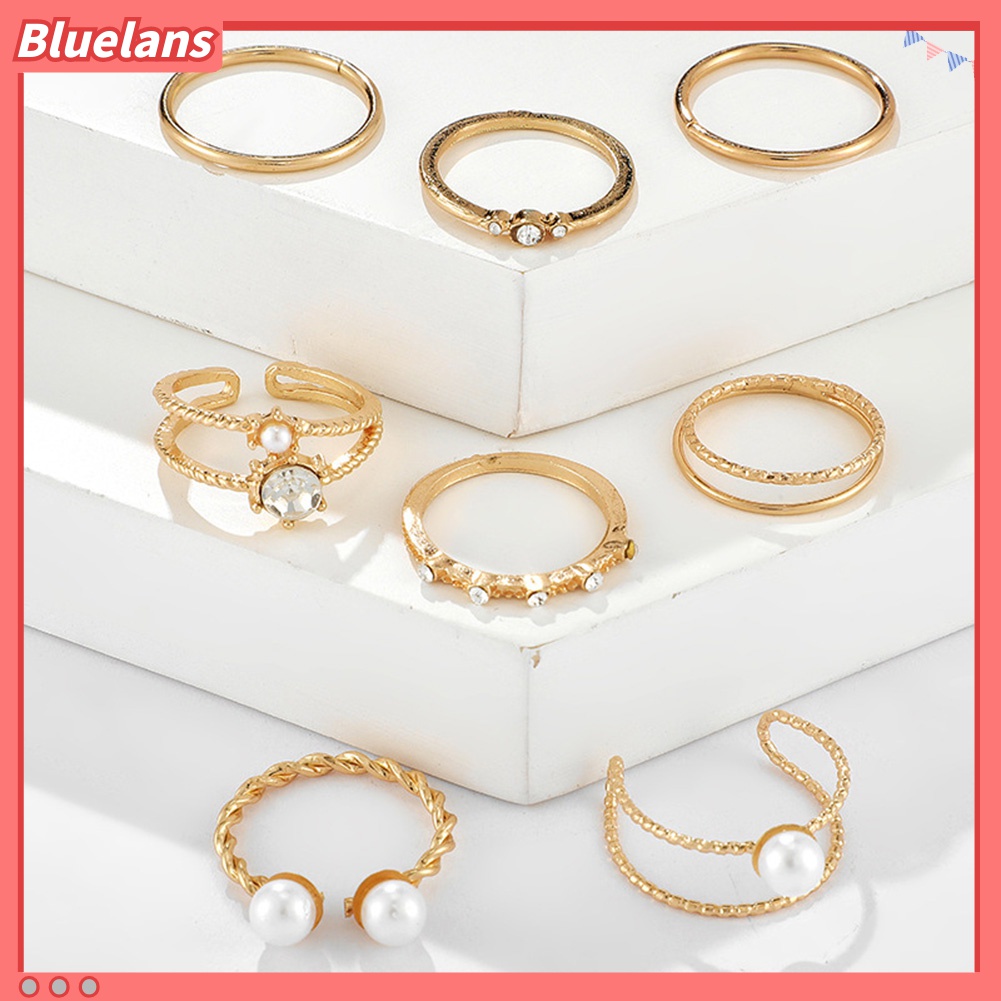 5 / 8Pcs Cincin Jari Model Terbuka Dapat Disesuaikan Aksen Mutiara Berlian Imitasi Gaya Bohemian Untuk Wanita