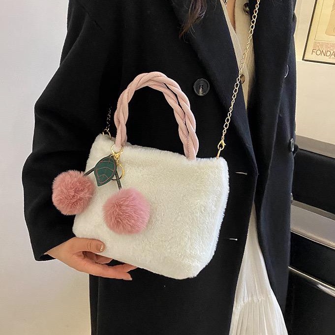 [littlecrab] Tas Wanita Cherry Bulu Lembut Halus Tas Unik Model Persegi Cute Fluffy Bag Free Gantungan Ceri Sling Bag Berkualitas Cute Multifungsi Korean Style