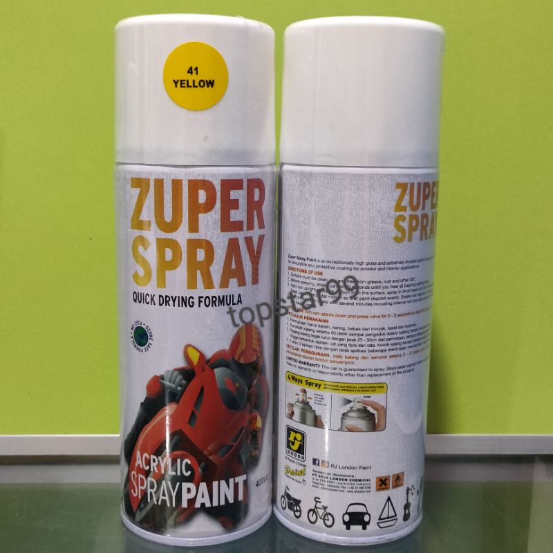 ZUPER Spray Paint Pilox Pilok Zuper Yellow Kuning Glossy 41 400cc Cat Semprot Zuper Acrylic Ukuran Besar 400 cc Quick Drying Formula /Cepat Kering