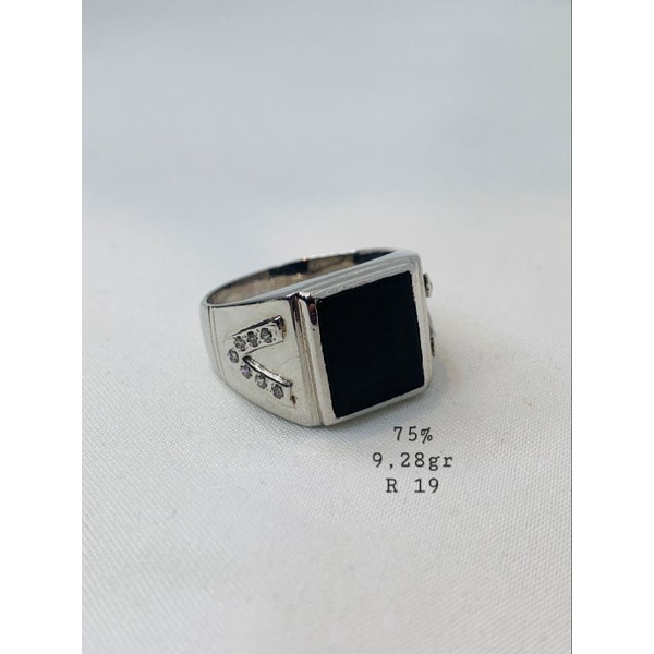 Cincin Cowok Emas Asli Putih Kadar 750 75% Ikat Batu Hitam Black Onyx Petak Size Besar