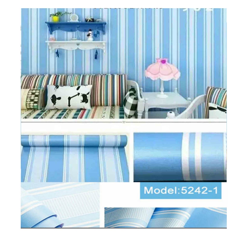 Wallpaper Stiker Dinding Kamar Tidur Ruang Tamu Aesthetic Motif Salur Biru