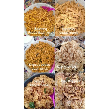 

Aneka Cemilan Basreng, Keripik Ucus, Makaroni, Kerupuk Seblak, Belinjo, Keripik Tempe, bidaran, Kuping Gajah, Sale Pisang Ambon