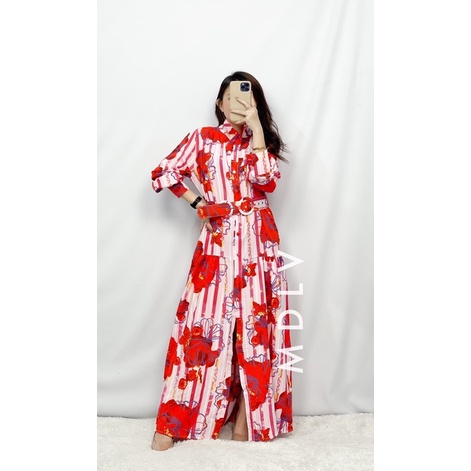 MDLV ~ 05510# Florentina Striped Maxi Dress Red Flower Dress Fashion Import