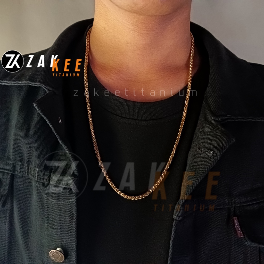 Kalung Pria Wanita Titanium Anti Karat Rantai Emas Gold Cowok Cewek Keren Rante Kepang Panjang 50cm dan 60cm