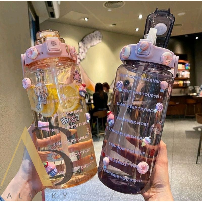 BOTOL MINUM BENING JUMBO TIME 2 LITER VIRAL MOTIFASI PENANDA WAKTU  FREE SEDOTAN DAN STICKER KODE 2000ML