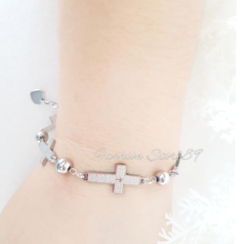 Gelang Tangan Salib Titanium / Rosario Antikarat Fashion Pria Wanita Silver Gold