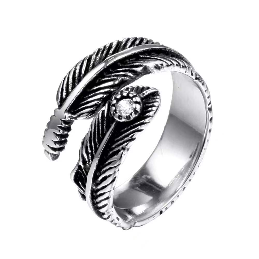 Cincin Bentuk Bulu Bahan Zirkon Warna Hitam Gaya Vintage