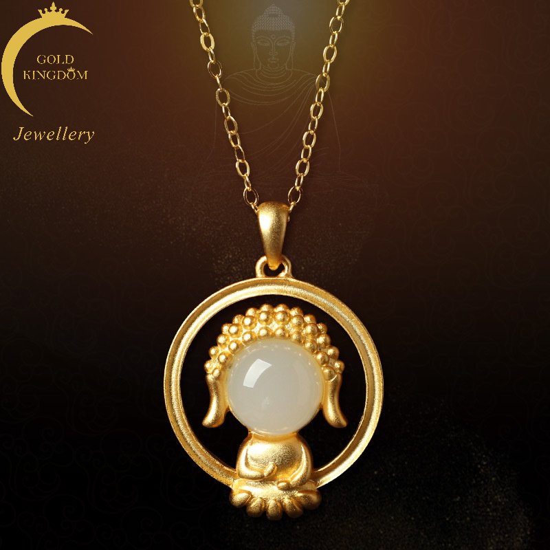 Goldkingdom Fashion Perhiasan 24K Bangkok Aksesoris Ready Stock Buddha Liontin Bertatahkan Wada Giok Putih Jasper Emerald Gilt Kalung Perempuan
