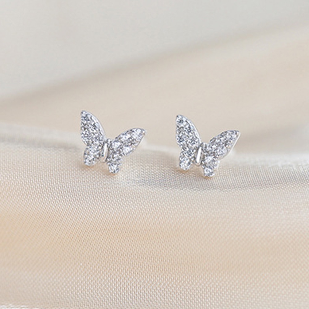 Anting Stud Zircon Bentuk Kupu-Kupu Kecil Warna Silver Untuk Wanita