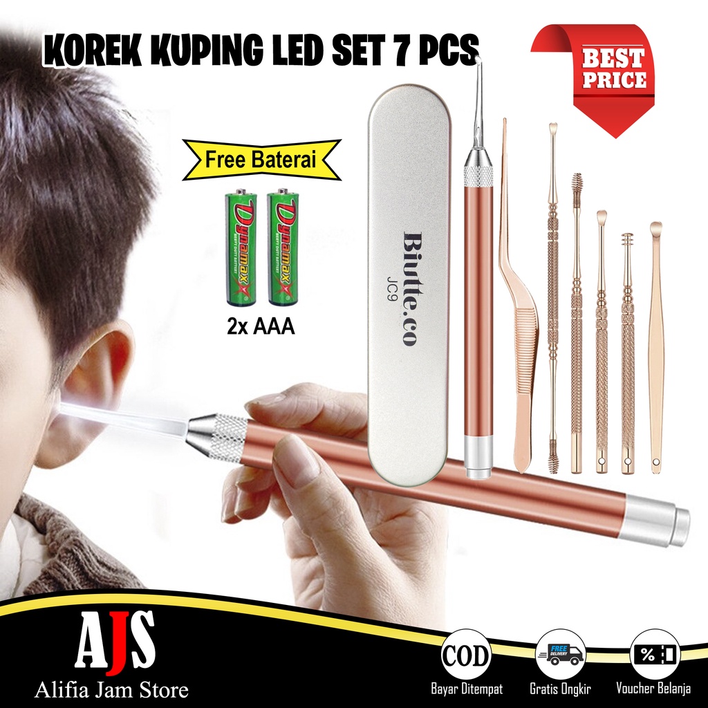 Korek Kuping LED | Pembersih Telinga Senter Stainless Set 7 Pcs Anti Karat Untuk Anak dan Dewasa | Alat Pembersih Kotoran Telinga