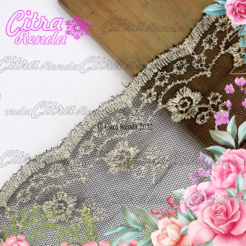 (Per Meter) RDT255 Renda Tile Hitam Benang Emas Lebar 11Cm