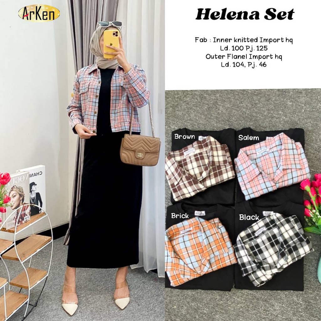 HELENA SET DRESS GAMIS OUTER KOTAK-KOTAK ORI BY ARKEN