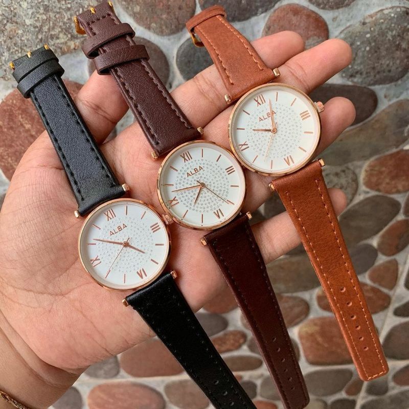 Jam Tangan Alba Wanita Tali Kulit Terbaru Ready Stok ☑️  JAM Tangan Cewek Water Resistant Free Batrai Cadangan | JAM Tangan Kasual Analog Quart Strap Kulit Fashion Wanita | Jam Tangan Fashion Cewek