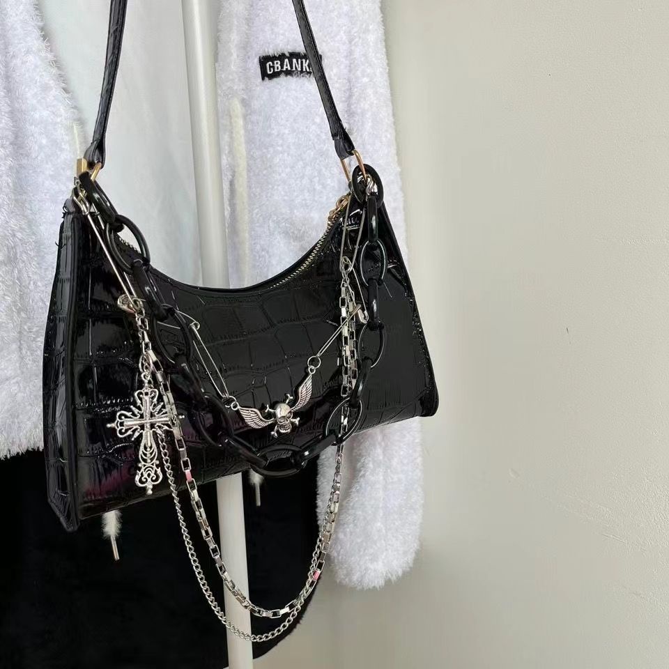 Suhao Asli Buatan Sendiri Subkultur Dark Punk Cross Tengkorak Satu Bahu Messenger Tas Y2K Spice Girl Rantai Ketiak Tas