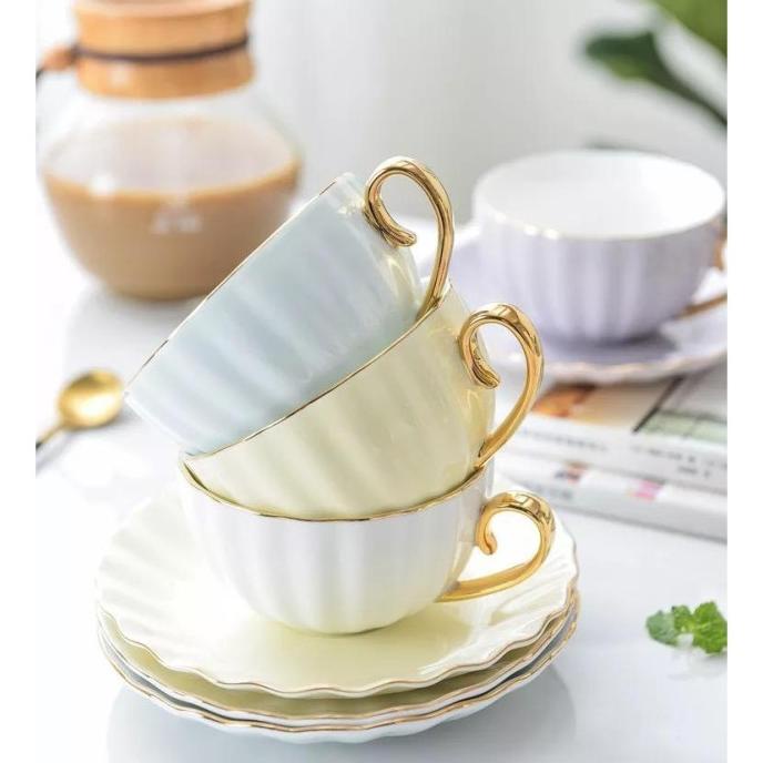 Jual Pastel Tea Cup Gold Rim / Gelas Mug Cangkir Teh Les Bon Bon