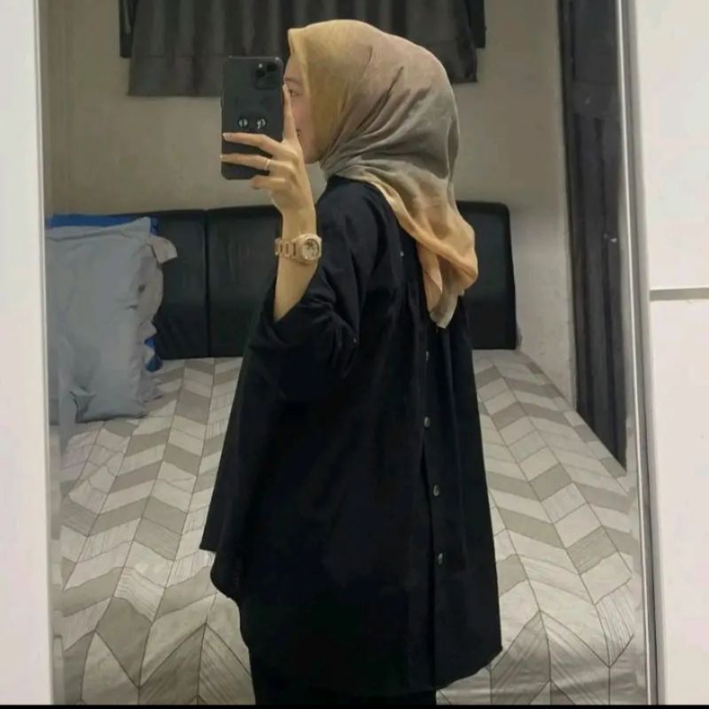 Kemeja Crop Linen Crinkcle Oversize Atasan Basic Shirt Korean Style Lengan panjang Blouse Kancing Depan Belakang