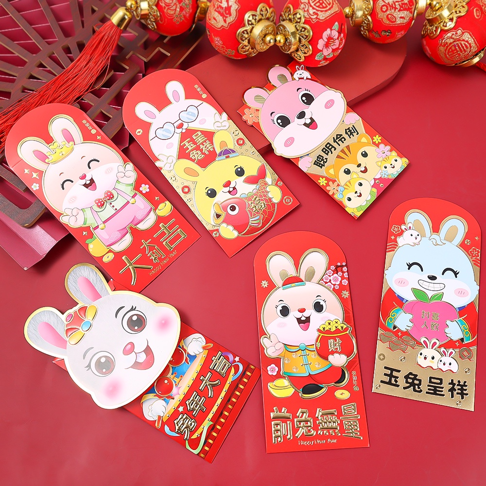 6pcs Amplop Angpao Tahun Baru Cina / Imlek 2023 Motif Kartun Kelinci Warna Merah Untuk Anak