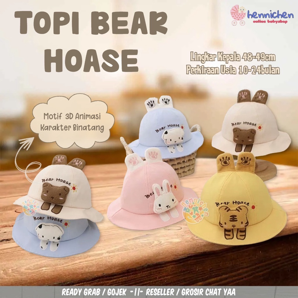 IMPORT Topi Bucket Anak Bayi Balita Unisex Model Boneka Bear Hoase Motif 3D Lucu