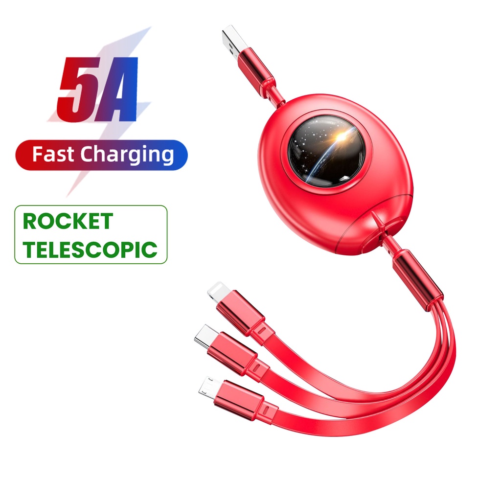 Kabel Data / Charger USB Tipe C 5A 3 in 1 Bentuk Kapsul Roket Untuk Iphone 14 / 13 / Android