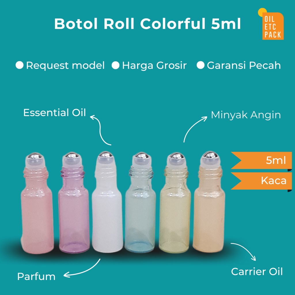 Botol Roll Mini Kaca Colorful Thin 5ml / Roller Stainles / Wadah Kosong Refill Isi Ulang Parfum & Es