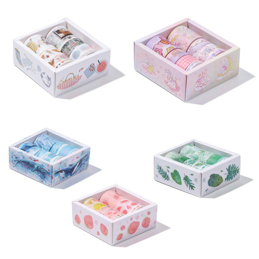 Chookyy 8roll/set Washi Tape Perlengkapan Sekolah Daun Hijau Kaktus Dicetak Multi-Warna Hias Scrapbooking Stiker