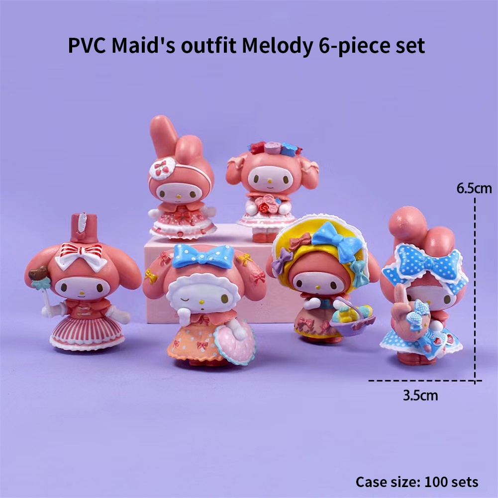 ღ 6 Buah/Set Sanrio Kartun Model Kawaii Melodi Kuromi Action Figure Koleksi Tokoh Anime Mini Suit Hadiah Dekorasi Desktop Pvc Mainan Boneka