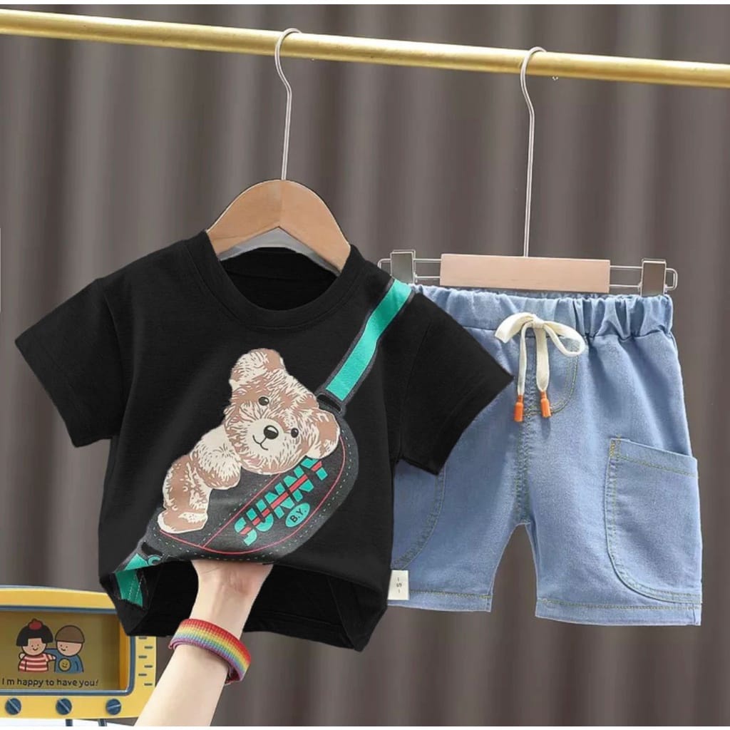 PROMO SETELAN KAOS KATUN DAN JEANS PENDEK ANAK LAKI LAKI DAN PEREMPUAN 1-5 TAHUN MOTIF BEAR DENIM