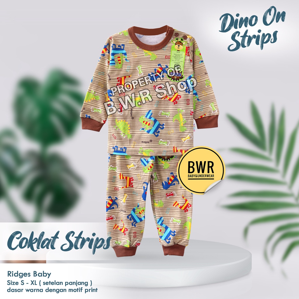 [ 3 Setel ] Setelan RIDGES PANJANG Dino On Strips Terbaru / Setelan Baju Bayi Baju Tidur Anak Unisex Panjang Terlaris 10rs | Bwr