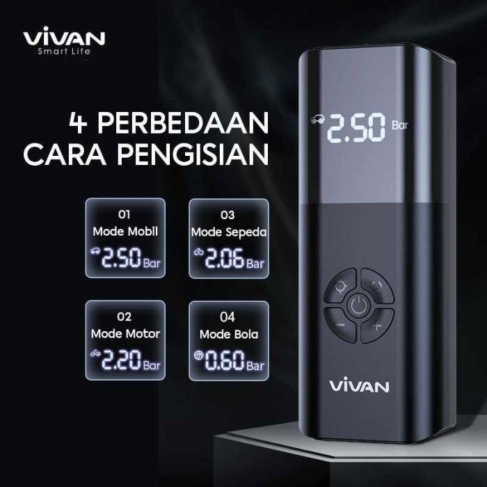 Vivan VTI02 Pompa Ban Mobil Tire Inflator Portable Elektrik LCD