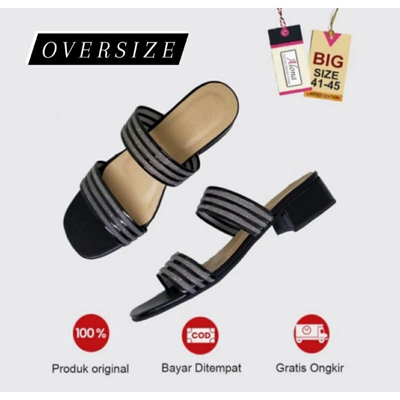 BIG SIZE Sandal Heels Wanita Ukuran Besar 41.42.43.44.45 SLOP GLITTER Black Cantik Sendal Ukuran LUAR Negri Hitam