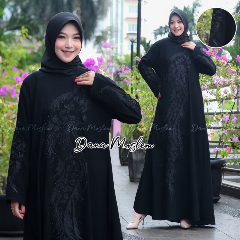 Gamis abaya turkey wolpeach hitam jumbo full bordir hitam