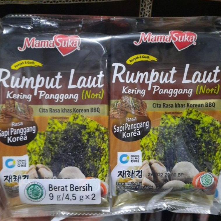 

Import Terlaris Hemat 6 Pack Rumput Laut Nori Sapi Panggang/BBQ Mamasuka isi 12 Bungkus/pcs !!