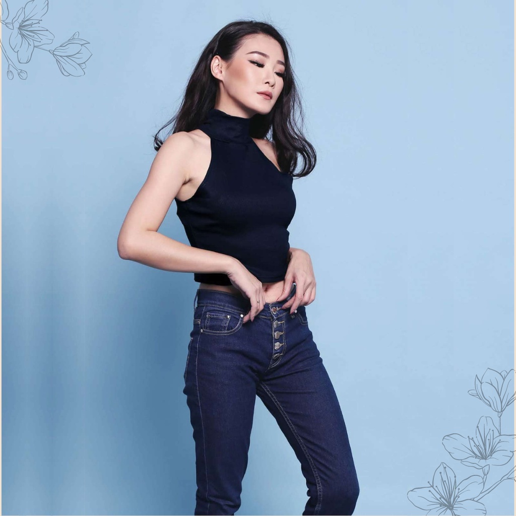 MOON KNIT HALTER - Crop Top Turtleneck Bahan Rib Knit | Tanktop Wanita Kerah Halter