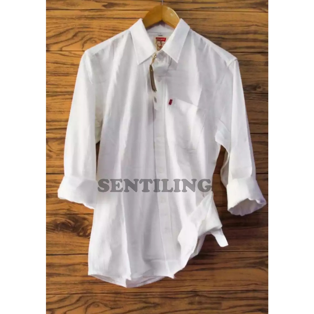 Terwuwu kemeja panjang pria cowok gatlemen cowok biru navy dongker polos formal kantor-Putih