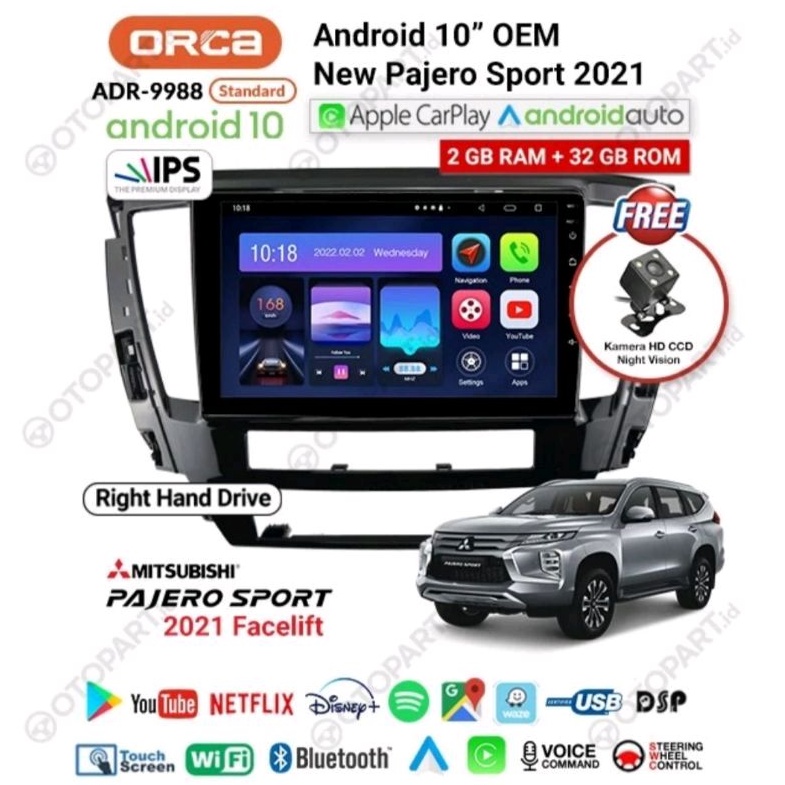 Head Unit Android 10 &quot; inch ORCA ADR 9988 NEW SERIES CARPLAY PAJERO SPORT