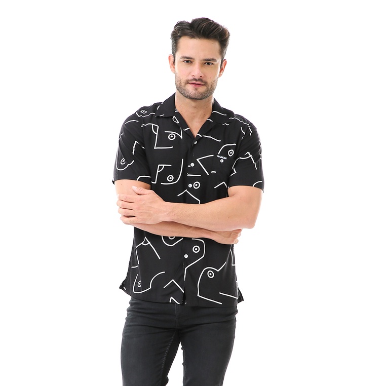 Hamlin Leopold Kemeja Printing Pria Motif Abstrak Lengan Pendek Material Rayon ORIGINAL - Black