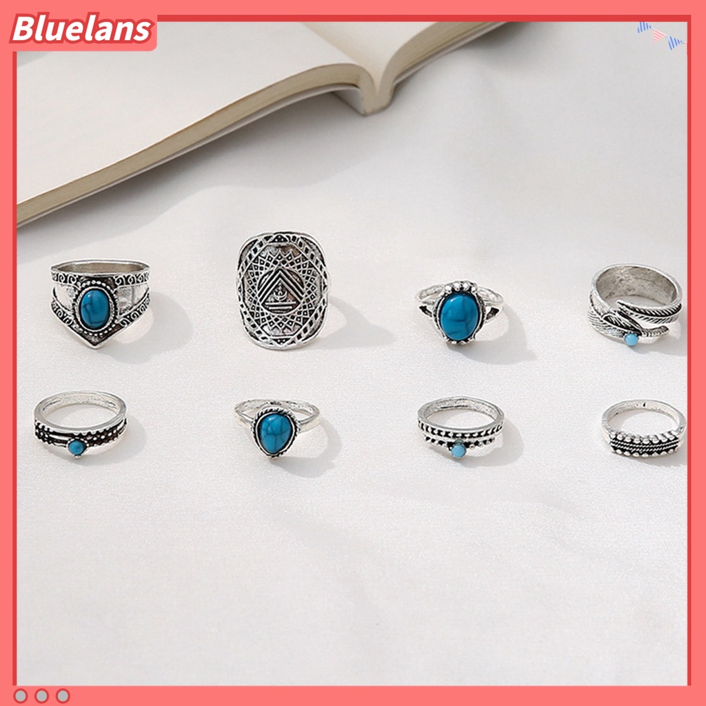 Bluelans 8Pcs Cincin Knuckle Desain Daun Hias Turquoise Imitasi Gaya Bohemian Untuk Pria / Wanita
