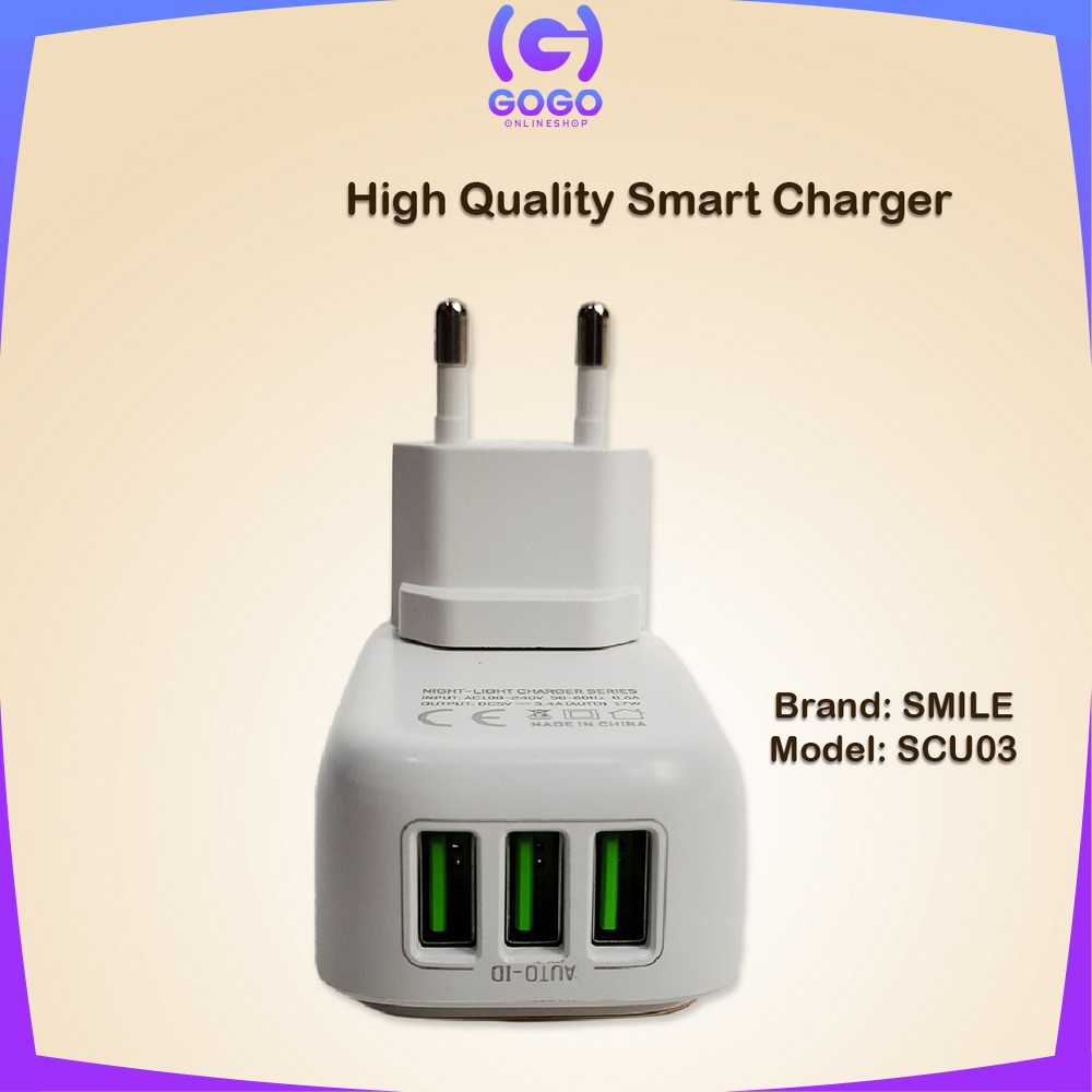 GOGO-C464 Charger 3 USB Pengisi daya USB Lampu Led Tidur Adaptor Charger Lampu LED Hemat Energi