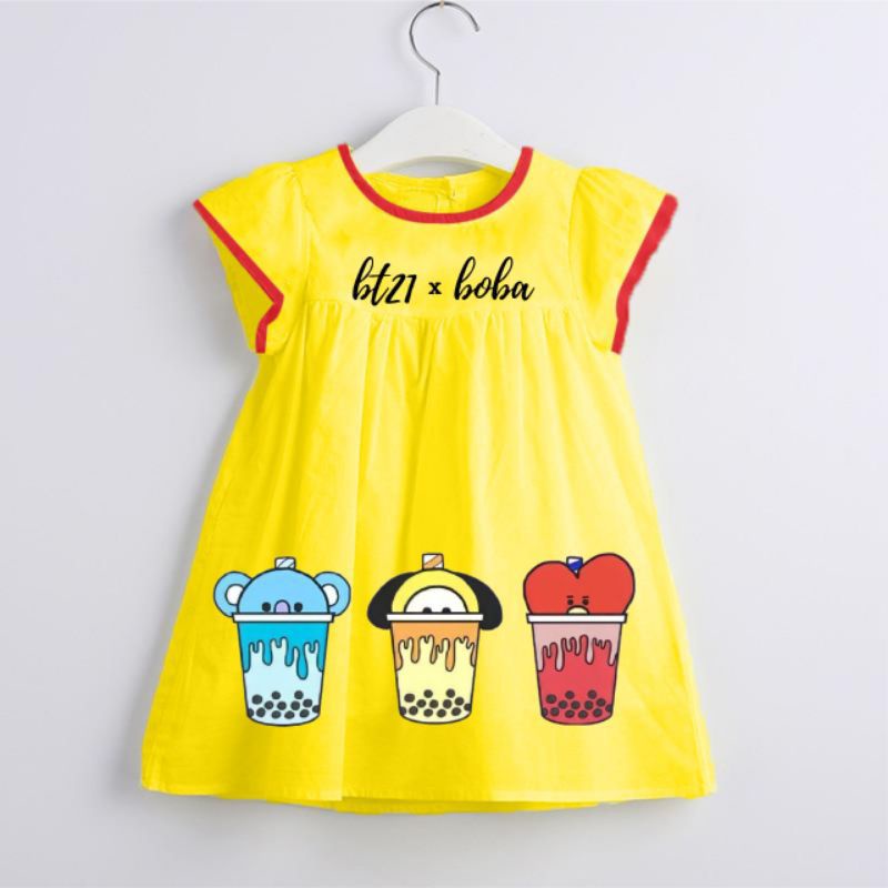 DRESS ANAK PEREMPUAN BT21 X BOBA/BAJU ANAK PEREMPUAN LUCU