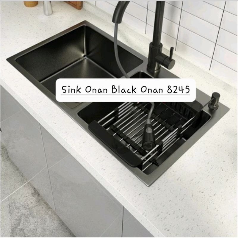 Paket Komplit Kitchen Sink ONAN 8245 HITAM + Kran TARIK HITAM SUS 304